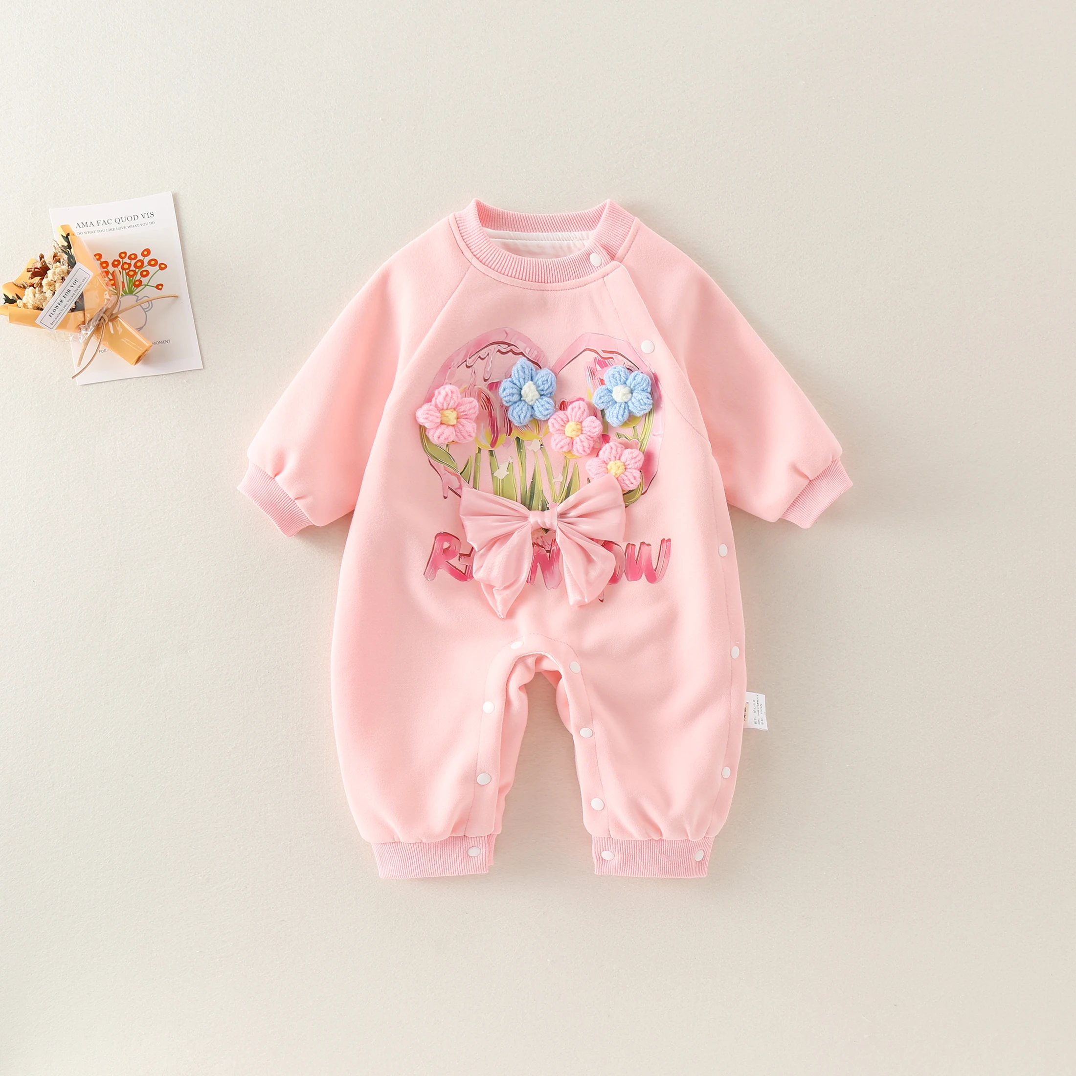 

Pink Spring Newborn Baby Girl Romper with Flower And Butterfly Knots Cute Baby Clothing for Girls