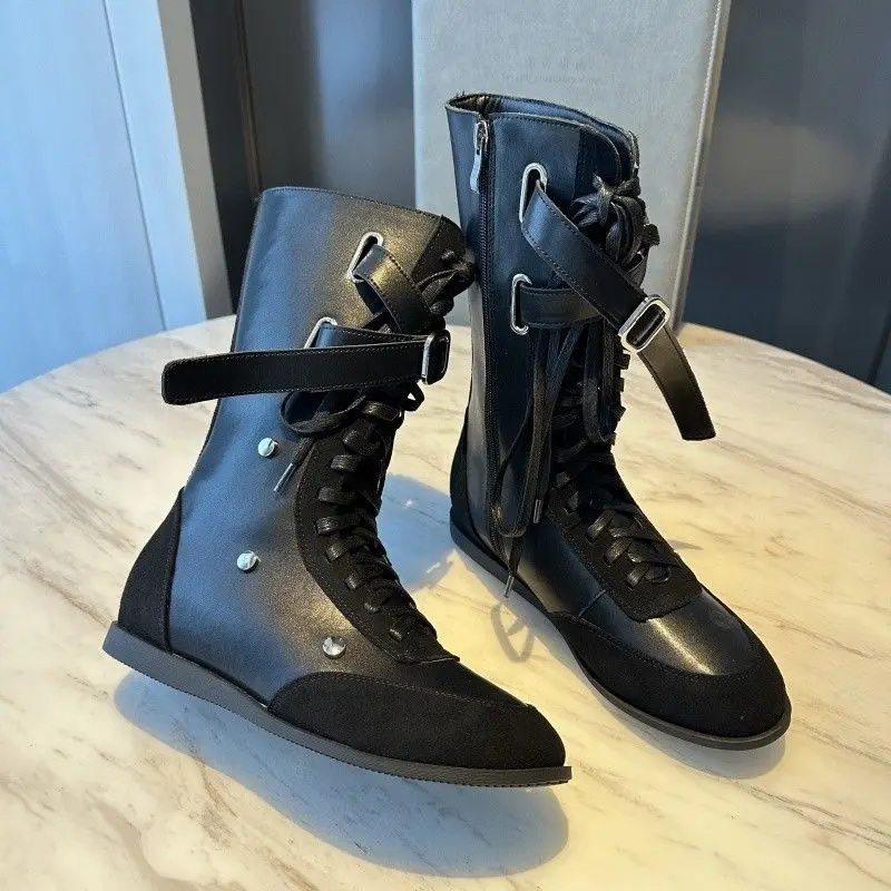 

Luxury Women Boots Retro Suede Design Belt Buckle rivet Fashion Boots Lace-up Mid-calf Flat Autumn Shoes for Women High Quality