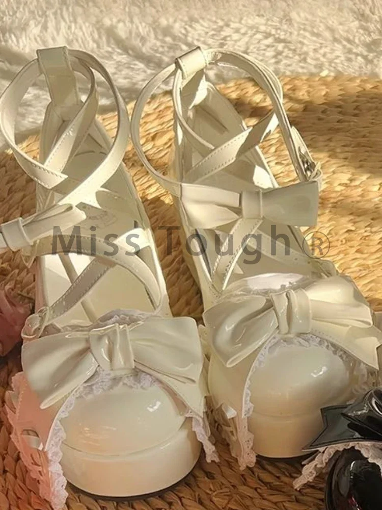 Estate bella cinghia di prua Lolita scarpe per le donne dolce papillon piattaforma Mary Janes donna pelle verniciata antiscivolo carino appartamenti