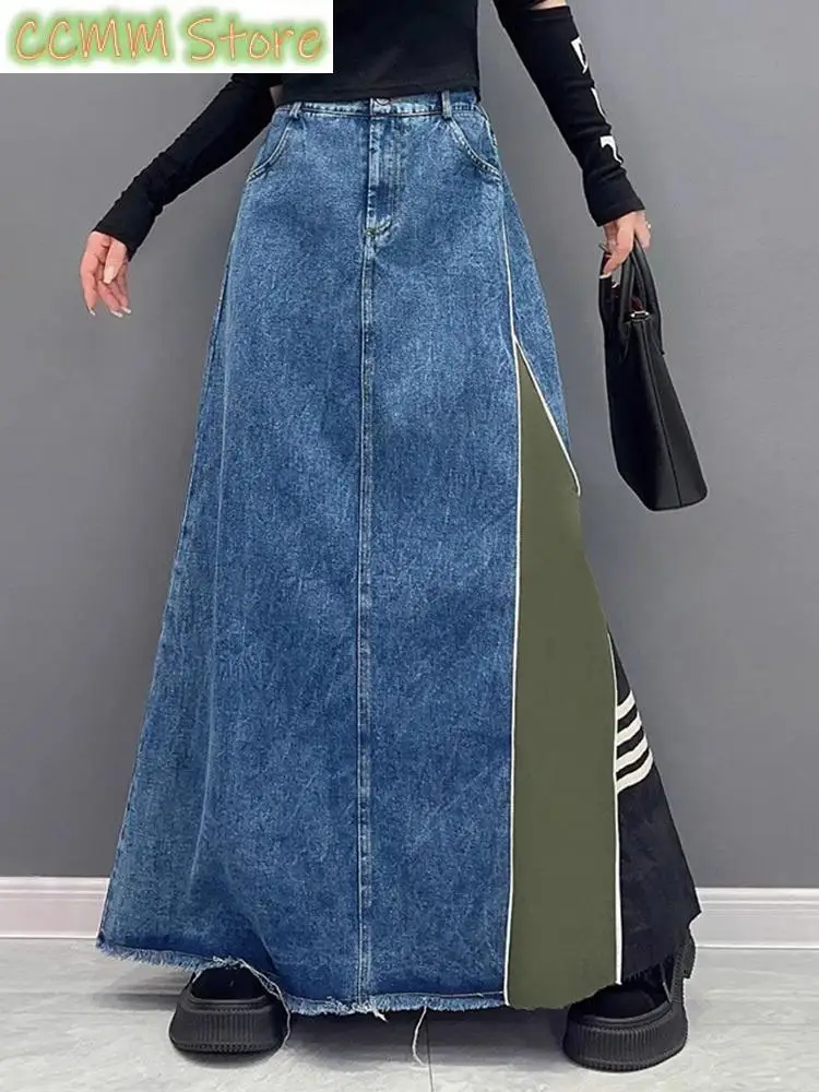 High Waist Amry Green Color-block Denim Midi A-line Half-body Skirt Women Fashion Tide Spring Autumn