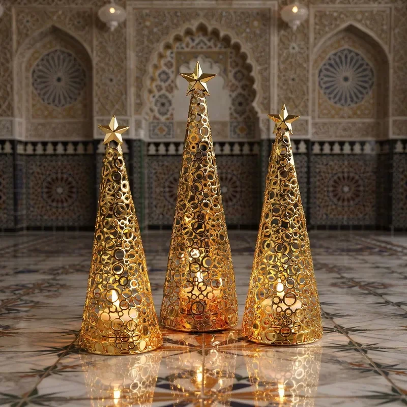 Christmas Tree Metal Holder Vintage Iron Candlestick Holder Round Base Pillar Stand Fireplace Mantle Xmas Holiday Party Decor