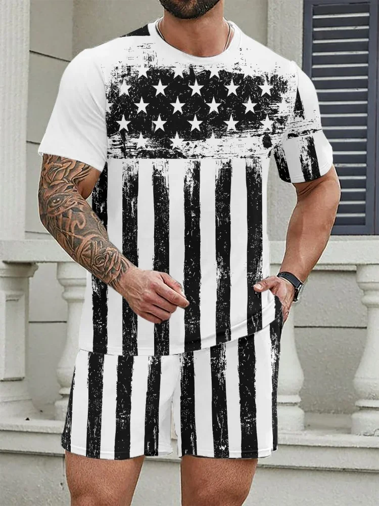 

New Fashion American Flag Print Suit Men Fashion Crew Neck Short Sleeve Set Summer Trendy for Street Casual Wear Y2k Tees