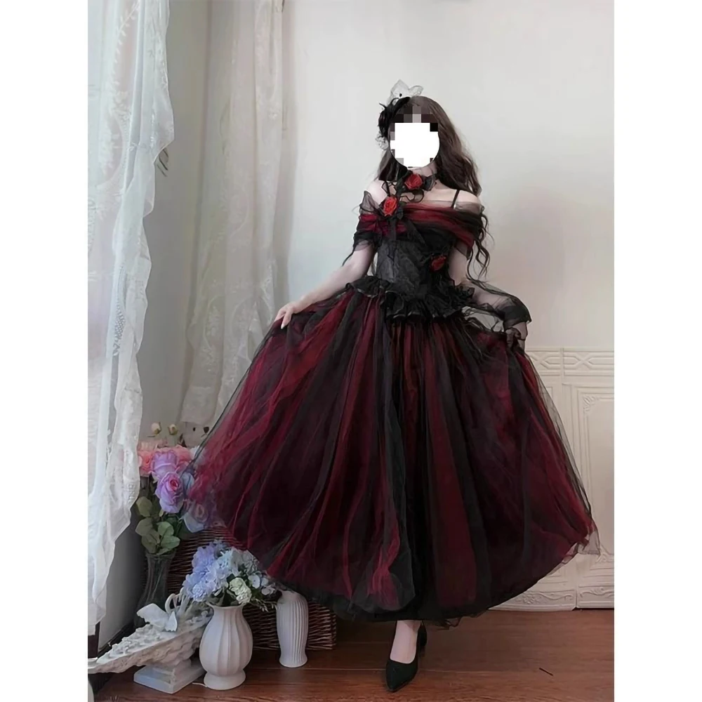 

Готическое красно-черное кружевное сетчатое платье в стиле Лолиты без бретелек для дня рождения, женские милые крутые тонкие длинные платья