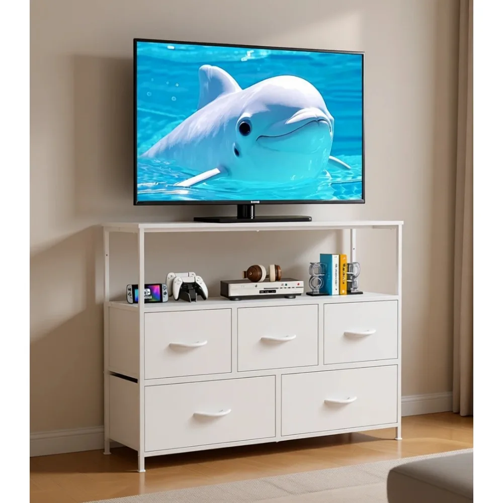 

Five Drawer Fabric Dresser Entertainment Center TV Stand Console Table Open Shelf Storage for Small Spaces White