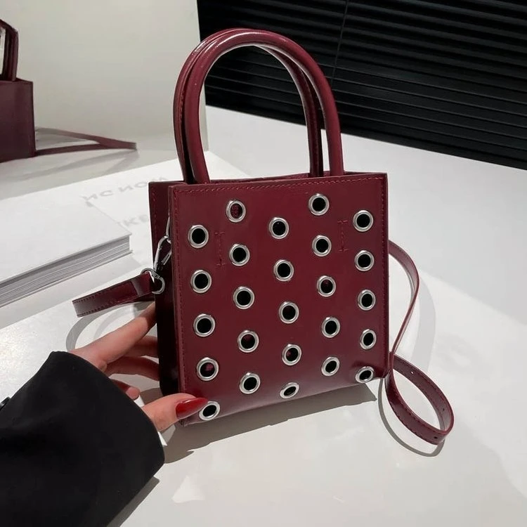 

2026 New Studded Hollow Out Mini Bucket Bag, Adjustable Crossbody & Top Handle Bag, Punk Boho Gothic Style Women's Small Purse
