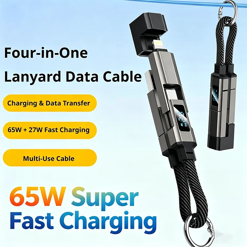 65W 4 in 1 Digital Display Super Fast Charging Keychain Data Cable Intelligent Digital Display Short Wire for iphone17 Samsung