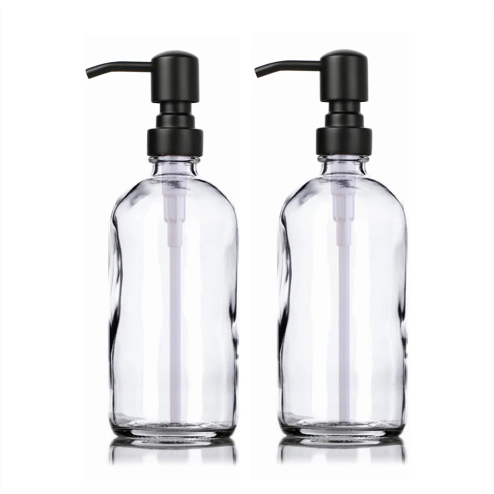 Clear Glass Soap Dispenser Set, Banheiro, Cozinha, Prato de Mão, Matt Black, Bomba de Aço Inoxidável, 16oz, 500ml, 2Pcs