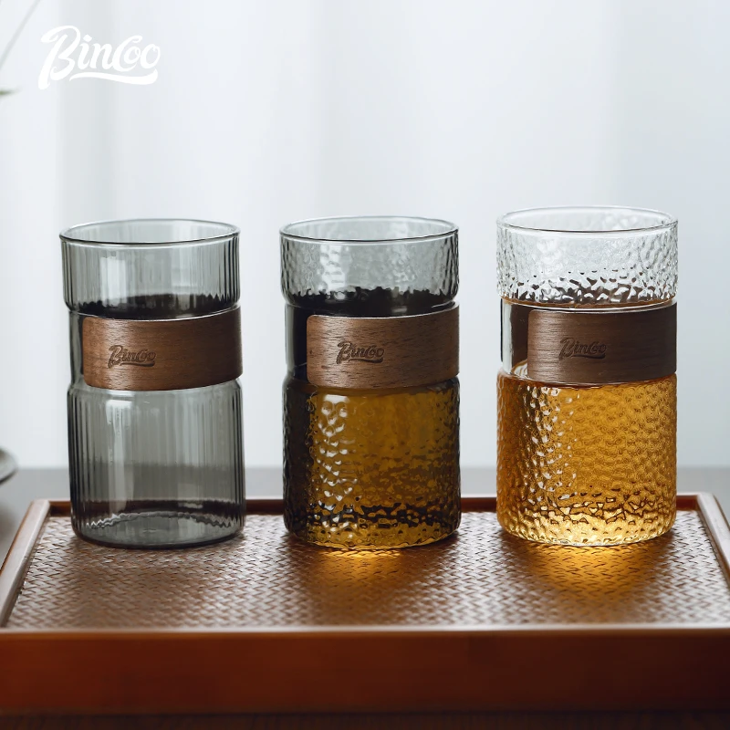 

470ML Japanese Style Glass Water Cup with Walnut Cup Sleeve Coffee Milk Tea Cup Simple Striped Beer Mug Drinkware Espresso Cups