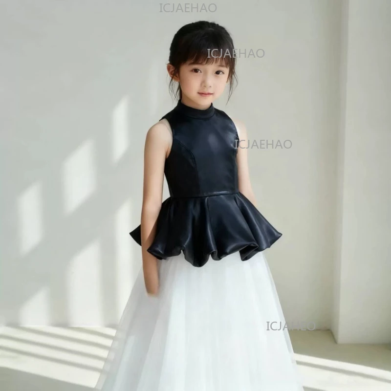 

2026 Kids White Sleeveless Long Dress Girls Party Elegant French Evening Gown Costume Princess Gown Performance Host Birthday