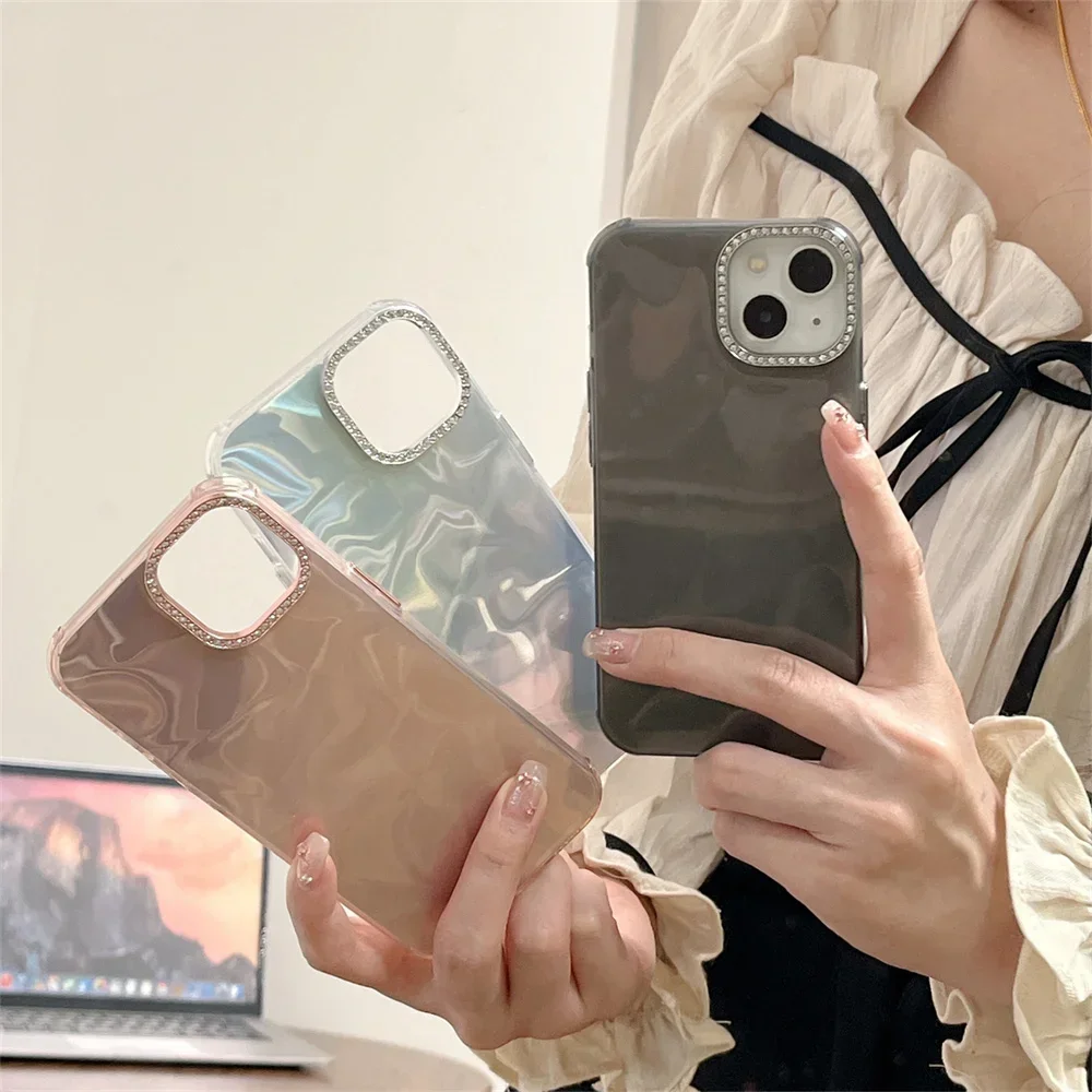 Electroplated Tin Foil Pleats Case For iPhone 15 14 13 12 11 Pro Max Diamond Laser Hard Thin Case Cover