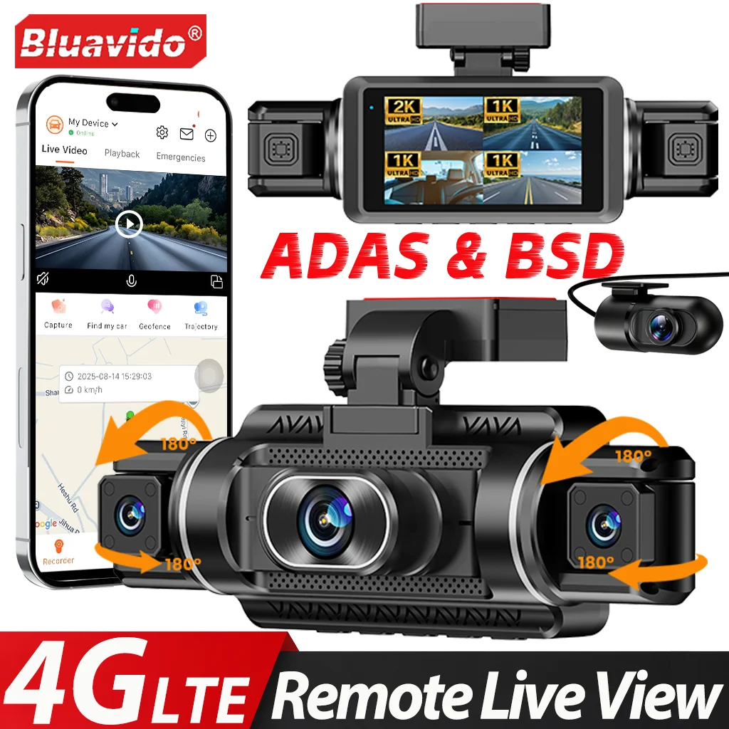 Caméra embarquée 4G LTE 4 canaux 1440P avec triple caméra avant 1080P et caméra arrière, vision nocturne, GPS, ADAS, BSD, WiFi et enregistrement vidéo en direct à distance