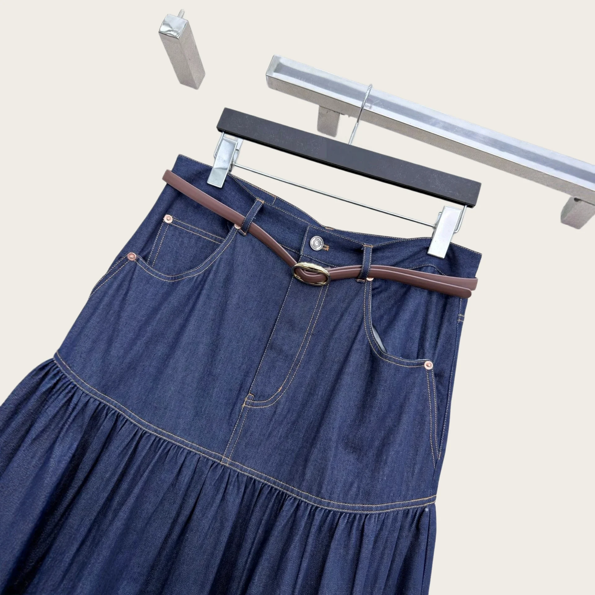 Women High Waist Tiered Denim Skirt Vintage A‑Line Long Cake Skirt With Belt