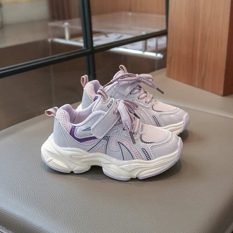 Girls Multi-color Mesh Dad Sneakers, Dual Lace & Magic Tape Design, Breathable Soft Mesh Shock-absorbing Thick Sole Sport Shoes