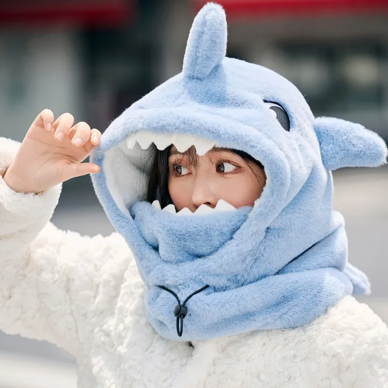 Cute Helmet Hat Women Winter Plush Thermal Hat Cycling Skiing Scarf Integrated Hat Ear Protector Mask Pullover Hat Windproof