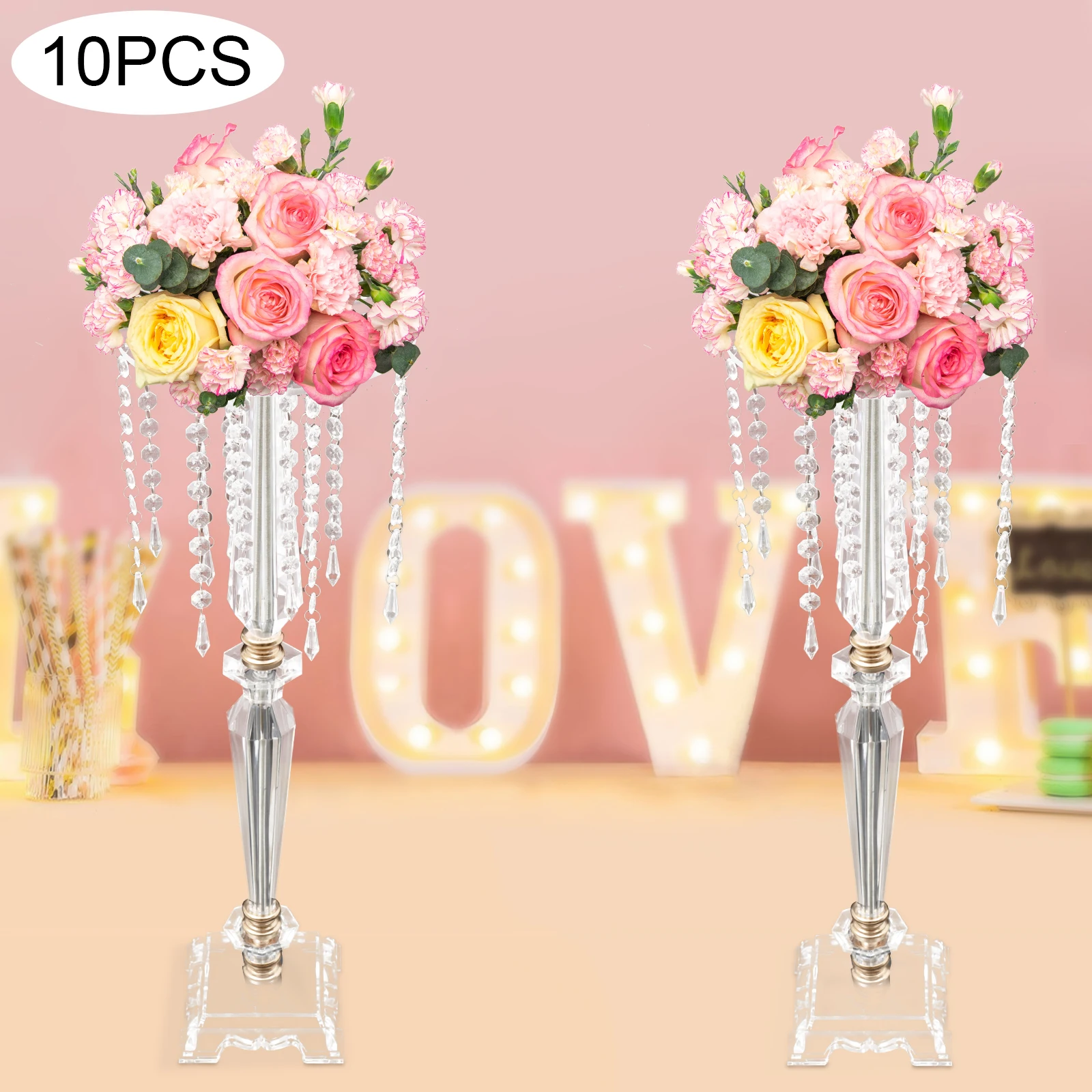 10pc Acrylic Tall Flower Vase Stand for Birthday, Home Wedding Party Decor W/Crystal Chandelier