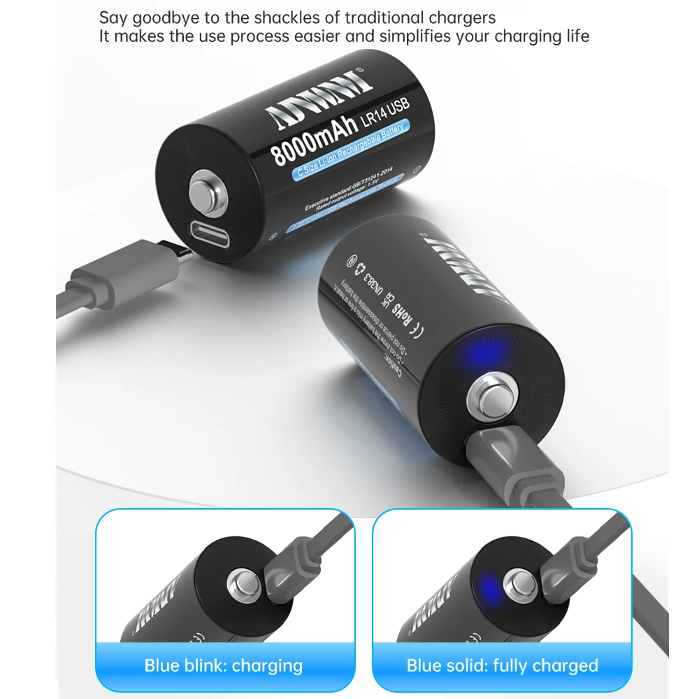 AJNWNM C Size LR14 C Cell Rechargeable Battery R14 8000mAh 1.5v Li-Ion Batteries for Flashlight Gas Cooker+USB Type-C Cable