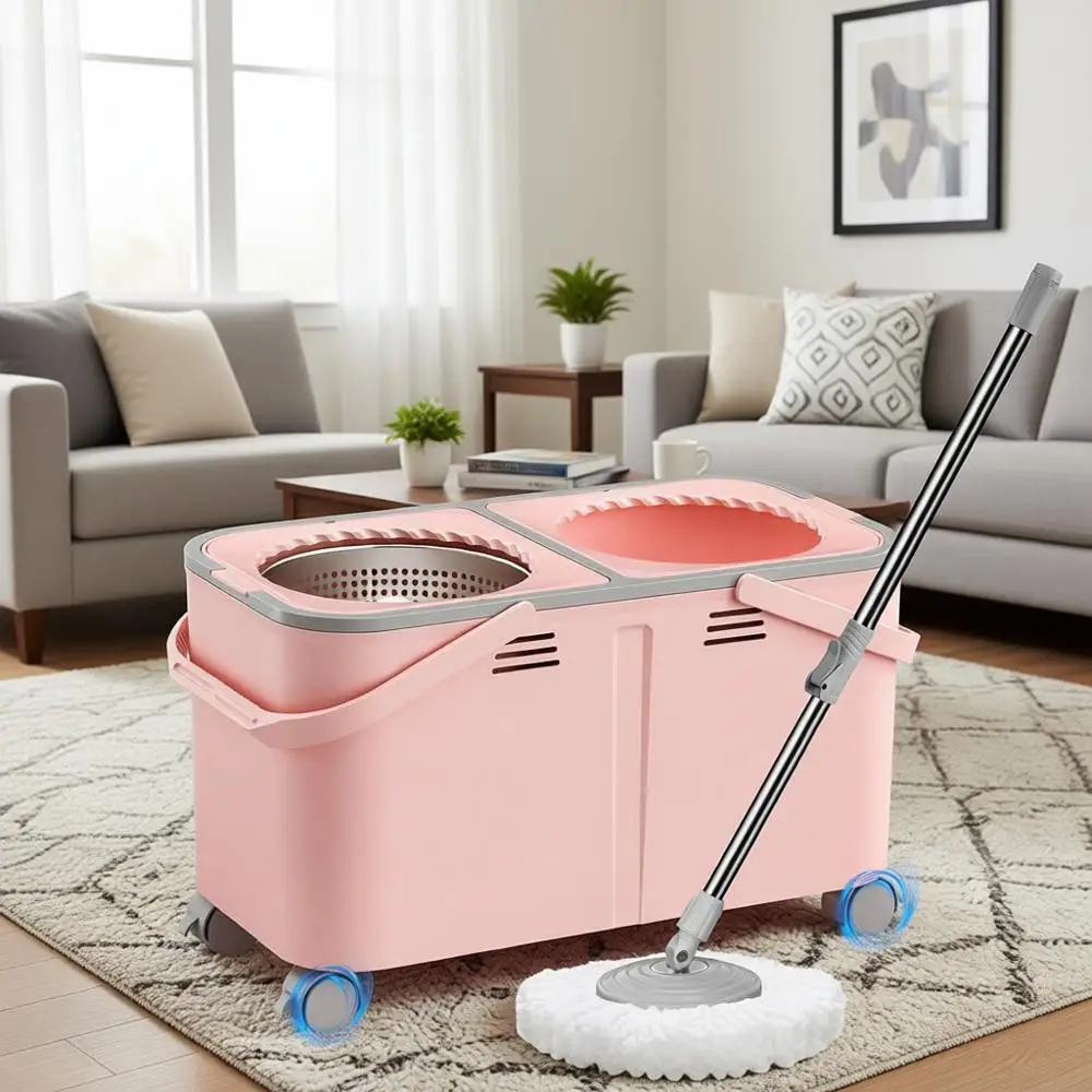 

Усовершенствованный набор для уборки с вращающейся шваброй Gen 2, 4 поворотных колеса, разделение воды, подходит для полов и плинтусов - розовый