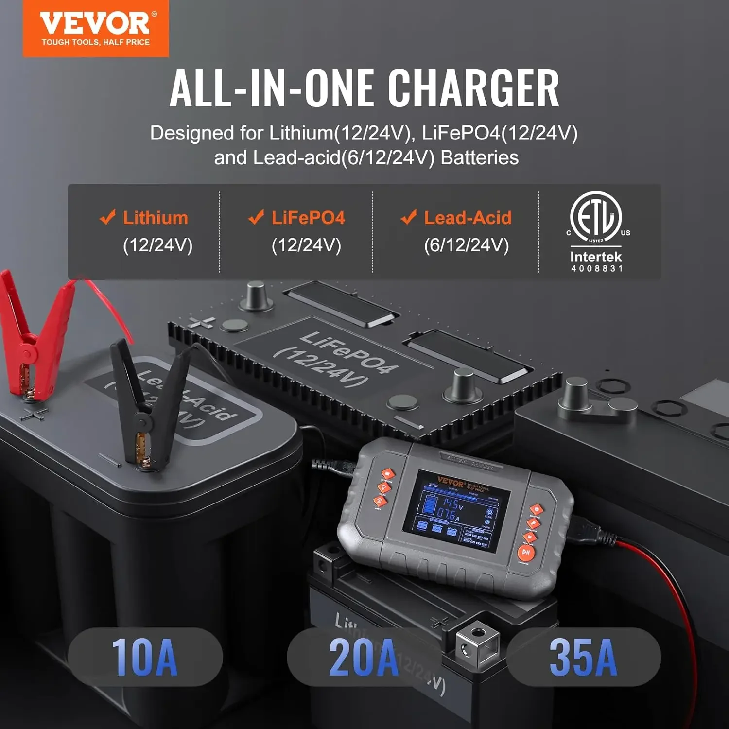 Smart Battery Charger, 35-Amp, Lithium LiFePO4 Lead-Acid (AGM/Gel/SLA) Car Battery Charger with LCD Display