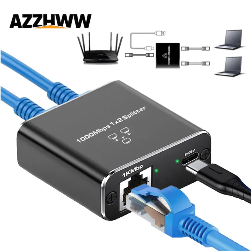 Gigabit Ethernet Splitter 1000Mbps RJ45 Internet Splitters 1 in 2 out LAN Splitter 1 to 2 RJ45 Splitter for Cat5/5e/6/7/8 Cable