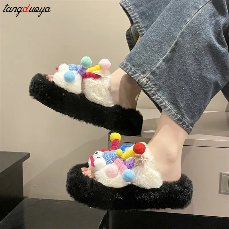 Women's Plush Slippers Cute Colorful Big Eye Doll Design DIY Home Shoes girls Winter Warm Cotton Slippers Funny Furry Slipper