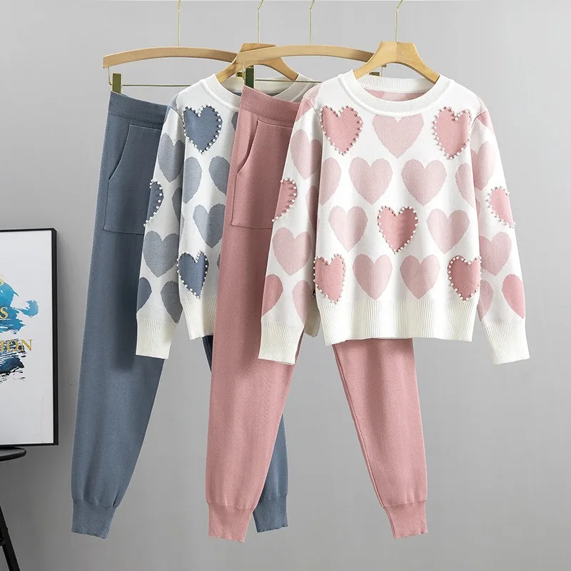 Blouse Pants Two-Piece Set Women's Spring Fall Heart-Shaped Beaded Elegant Korean Style Preppy New Comfortable Niche Versatile