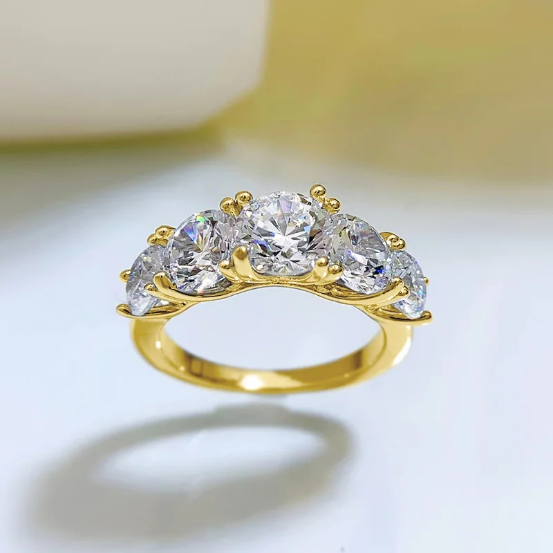 OXTAO Sparkling 5 Stones Moissanite Diamond Ring for Women 14K Gold Filled Wedding Band Finger Rings Jewelry Couple Certified