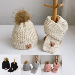 Autumn and winter children's hats and scarves two sets of padded warm boys and girls knitted hat set bear wool hat