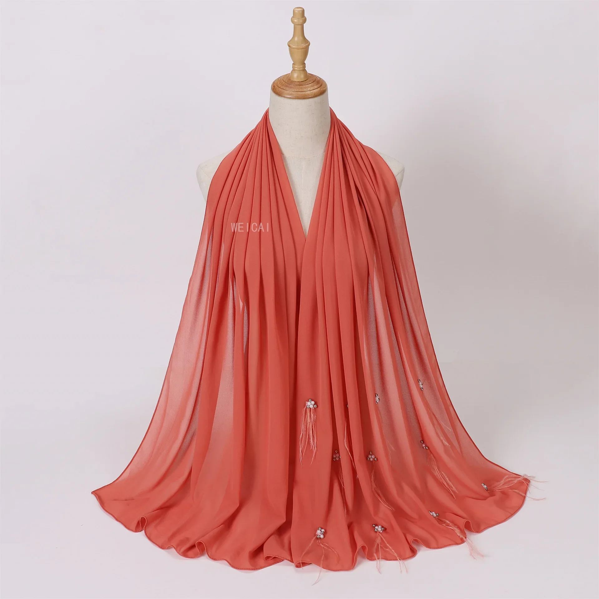 Mode nouvelle perle en mousseline de soie écharpe malais indonésie perle plume Hijab musulman voile châle enveloppement Turban Islam étole foulard Bandanas