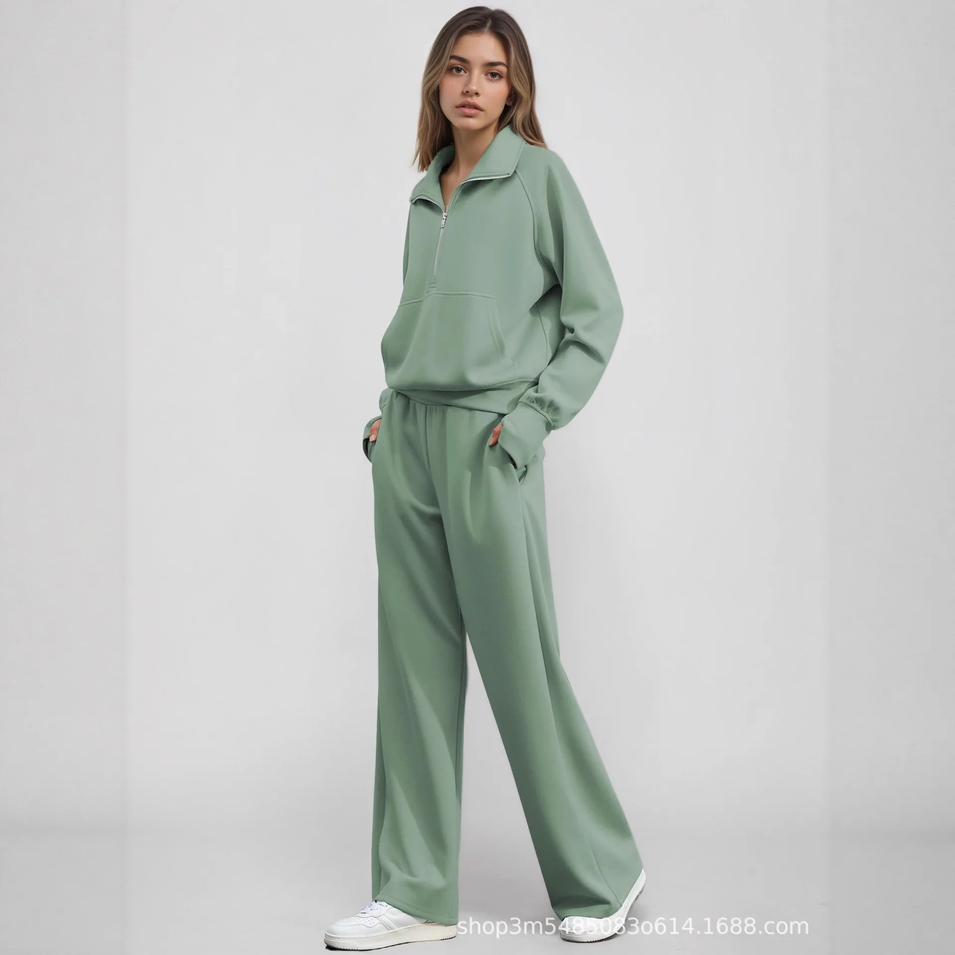 2026 Women's Sports Pant Set Lapel Zipper Patch Full Sleeve Sweatshirt Elastic Waist Pants Fashion Women's 2-Piece Set