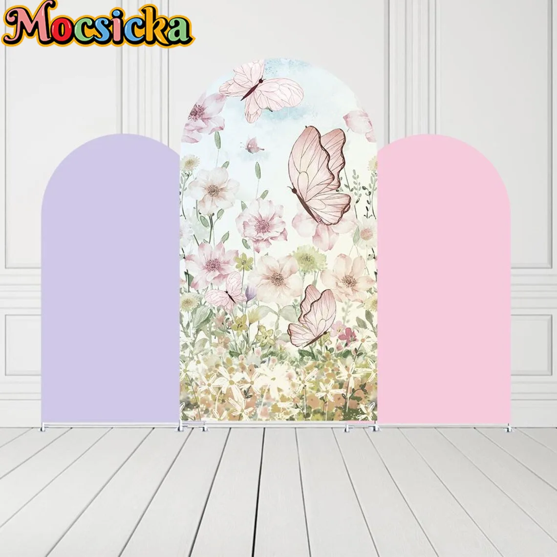Moclicka penutup lengkungan 2 sisi, spanduk foto pesta ulang tahun anak, latar belakang dekorasi bunga kupu-kupu merah muda