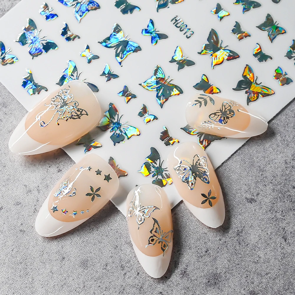 16Pcs สีสัน/เลเซอร์ทอง/เงินผีเสื้อ 3D สติ๊กเกอร์เล็บ 6.4*9.3 ซม.ผีเสื้อ Self-Adhesive Slider หรูหราเล็บ Decal