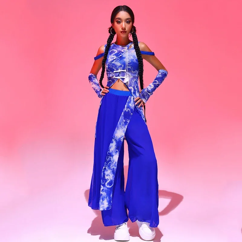 Y2K Kpop 의류 섹시한 고고 댄스 공연 의상 블루 슈트 나이트 클럽 Dj 가수 무대 착용 여성 재즈 댄스 의상