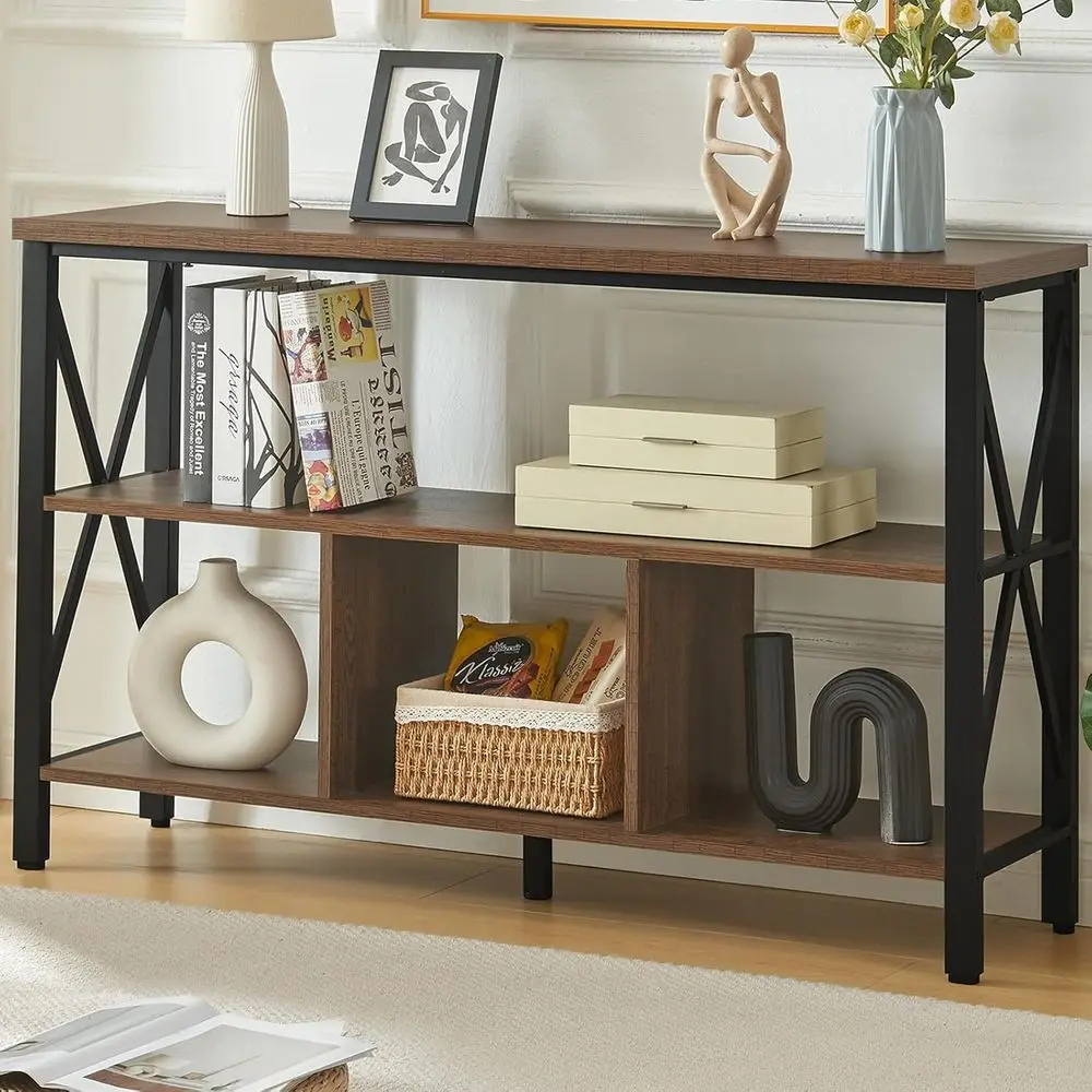 

Стол HOMBAZAAR ole Table, промышленный стиль, с 3 секциями, для прихожей, из инженерной древесины и металла, в деревенском стиле, с 3-ярусной полкой, для прихожей или коридора
