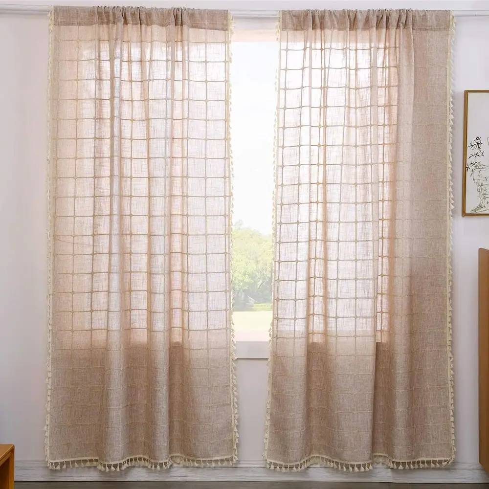 96-Inch Semi-Transparent Cotton Linen Boho Trellis Curtain Panels with Embroidery and Tassels for Living Room (54W x 96L, Tan)