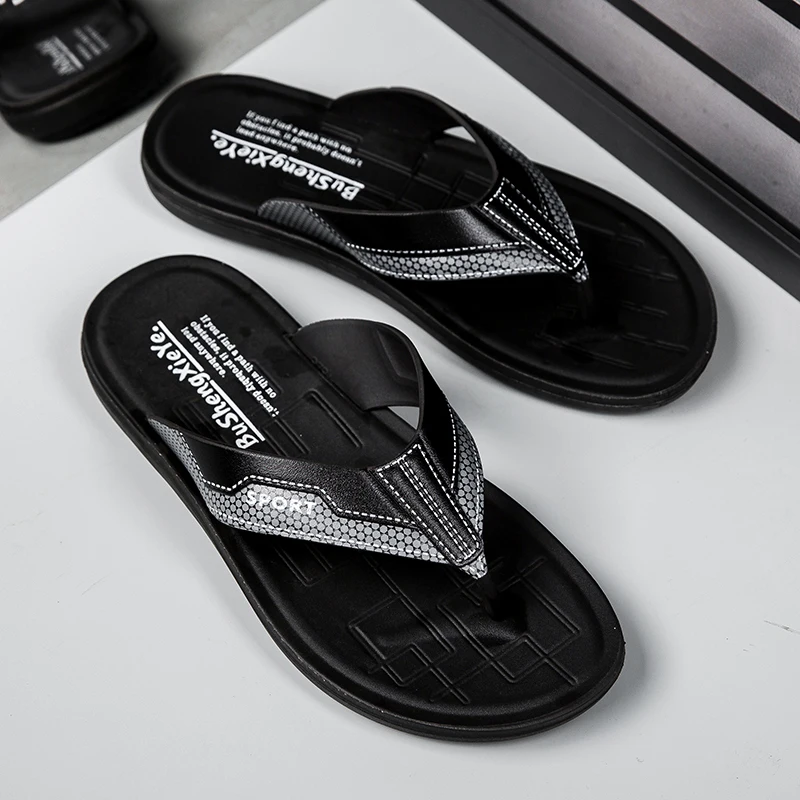 Men's Leather Texture Flip Flops Summer Non-slip Slides Thick Sole Beach Slippers Casual Outdoor House Shoes Comfortable Slipper