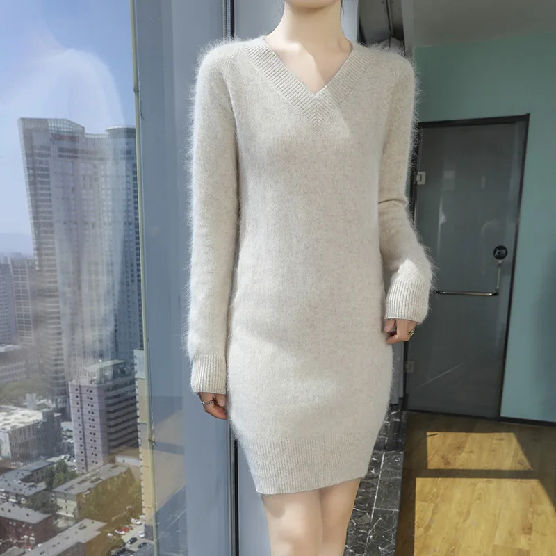 Autumn/Winter 100% Mink Cashmere Sweater Women's Clothing V-neck Knitted Pullover Tops Fashion Long Dress With Hip Wrap Skirt