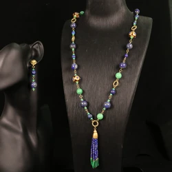 Navy Stone Pendant Tassel Stud Earrings Long Pendant Jewelry Fashion Accessories