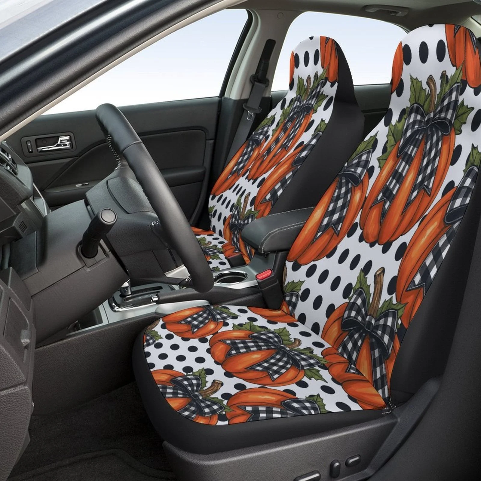Set Of Car Seat Covers Featuring A Pumpkin Design, Suitable For Various Vehicles. Stylish And Unique, These Full Set Covers The