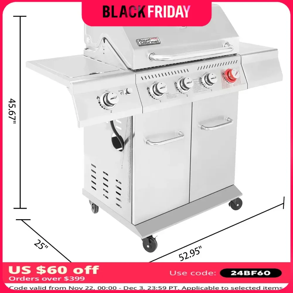 BBQ Propane Grill, Stainless Steel with Sear and Side Burner, Additional Prep Space, Easy To Ignite, Barbecue Grill