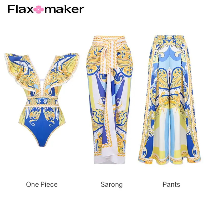 FLAXMAKER V Neck Pattern Print One Piece Swimsuit and Sarong or Pants One Piece Swimsuit and Skirt or Sarong