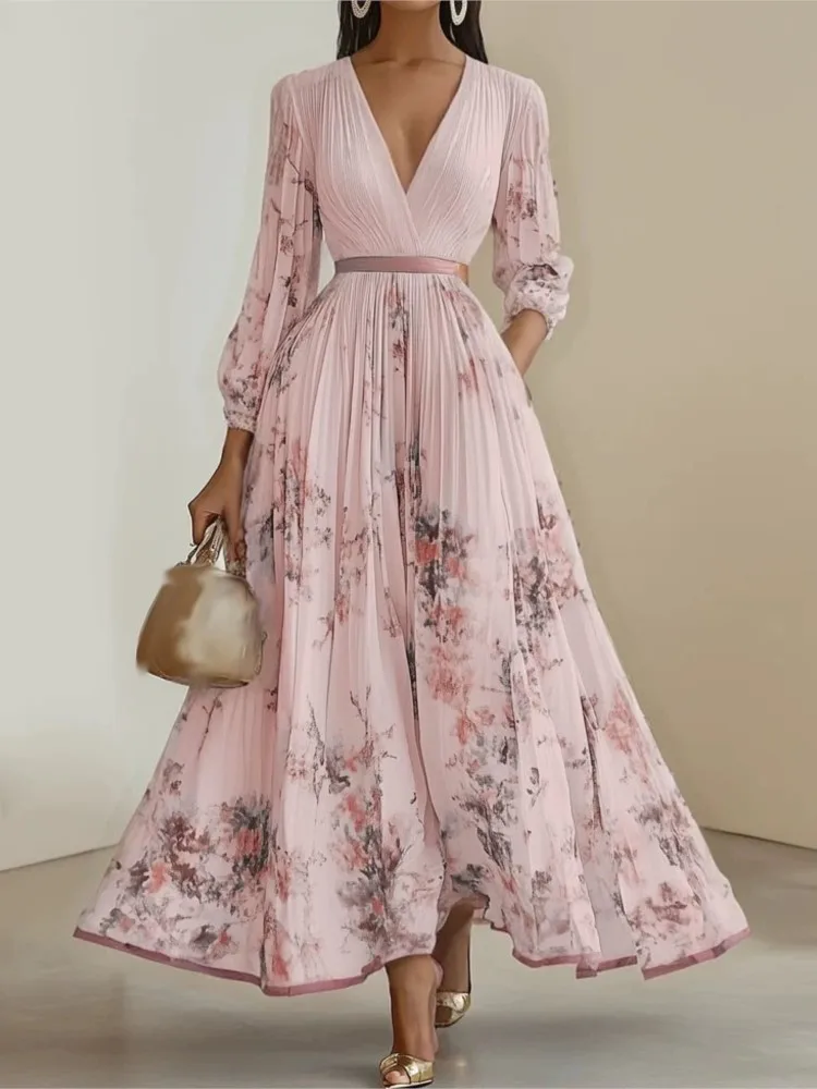 ชุดเดรสพิมพ์ลายหรูหราสำหรับผู้หญิง แฟชั่นแขนยาว คอวี เอวสูง ผูกเชือก ทรงหลวม ชุดเดรสยาวสำหรับผู้หญิง เหมาะสำหรับงานปาร์ตี้วันหยุด ใหม่
