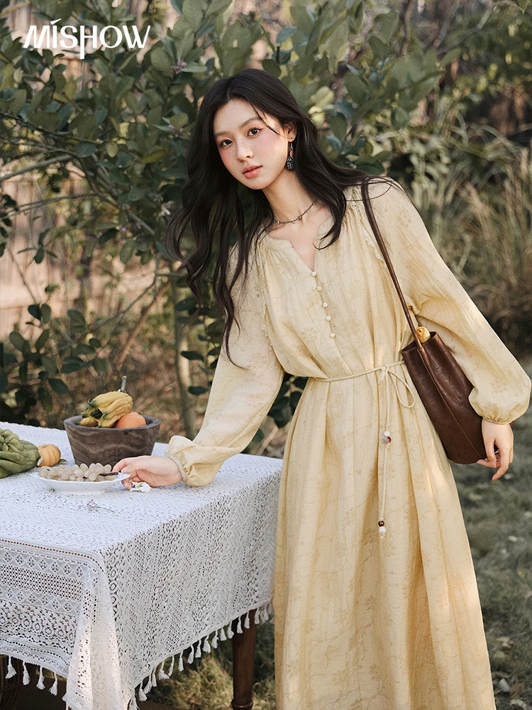 

MISHOW Women's V Neck Long Sleeve Fairy Dress 2026 Spring Floral Print Tie Waist Dresses Elegant Splicing Lace Dress MXF15L2571