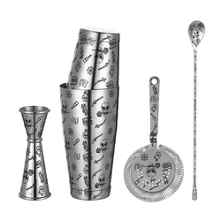 Tattoo Stainless Steel 5 Piece Cocktail Set Tin-on-Tin Shaker, Jigger, Spoon and Strainer Etched W/ Skull Rose /Terracotta Army