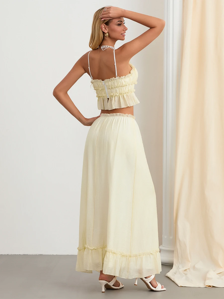 Women s 2 Piece Skirt Outfits Sleeveless Ruffle Trim Camisole Long Tie Up Skirt Set