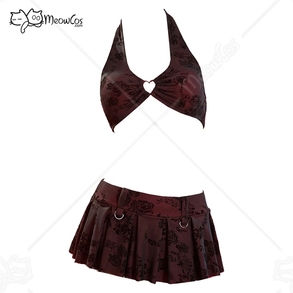 

Meowcos Women's 2 Piece Swimsuit Romantic Flocked Floral Print Top Skirt Bottom Bathing Suit for Beach Vacations