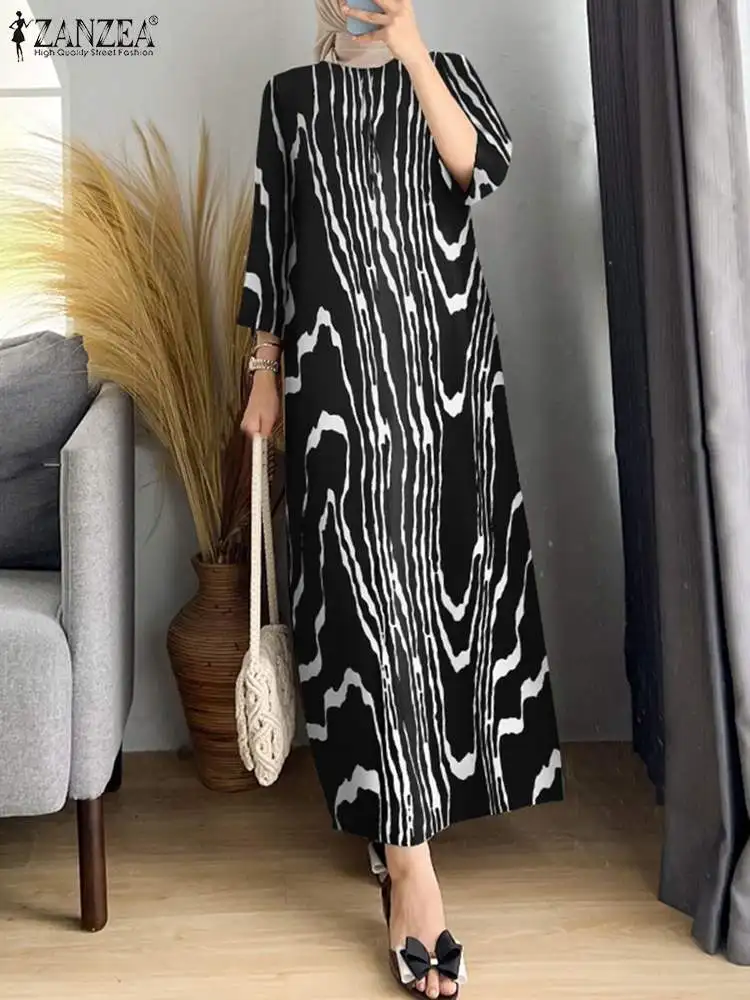 Women Muslim Maxi Dress Duabi Abaya Kaftan ZANZEA Summer O Neck 3/4 Sleeve Printed Sundress Robe Femme Casual Loose Vestidos