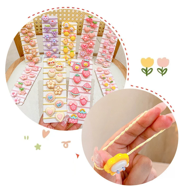 Tali rambut anak perempuan bayi bunga Korea, 10 Pcs/Set pita hati ceri kartun karet gelang rambut tali aksesoris rambut anak