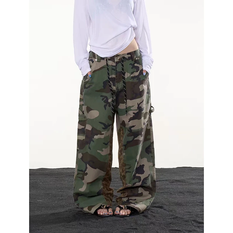 YIBASHU Women Leopard Cargo Y2K Camouflage Jeans Scimitar Wide Leg American Retro Denim Pants Baggy Trousers Gyaru Streetwear