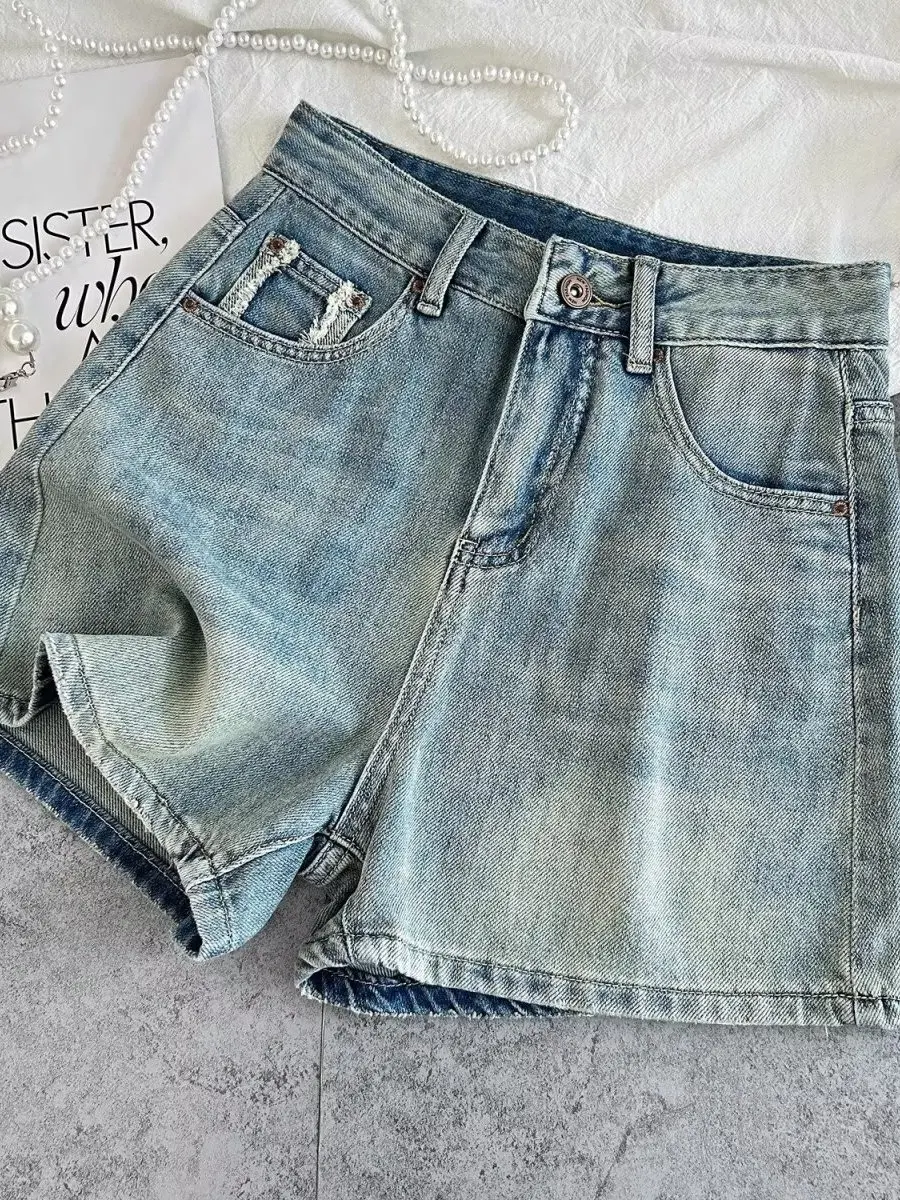 High Waist Wide Leg Jeans Shorts Women's Summer New Style Student Casual Slit Design Cool Feeling Loose Fit Blue Denim Shorts