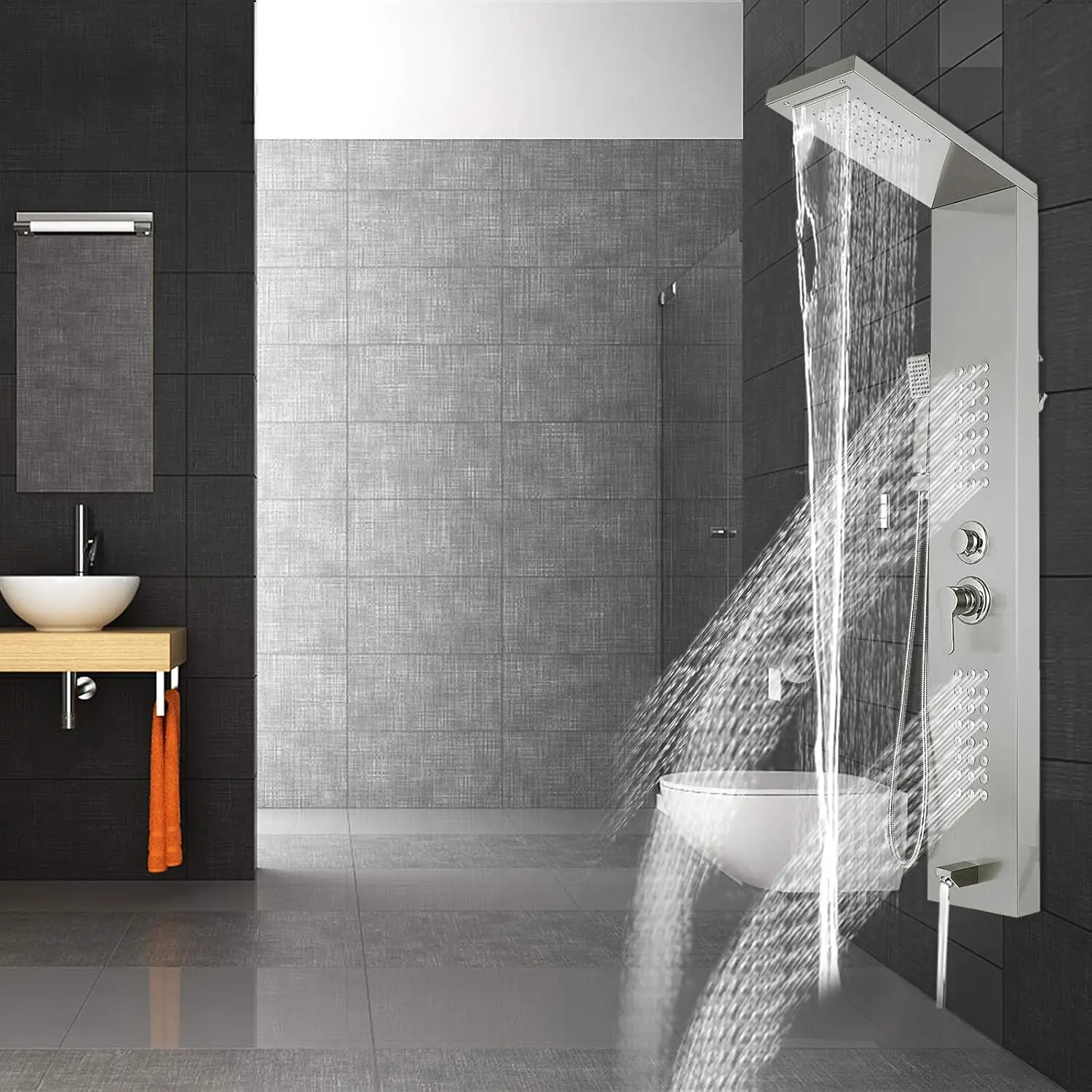 5 in1 Shower Panel Tower System Brushed Silver Stainless Steel Multi-Function Shower Panel